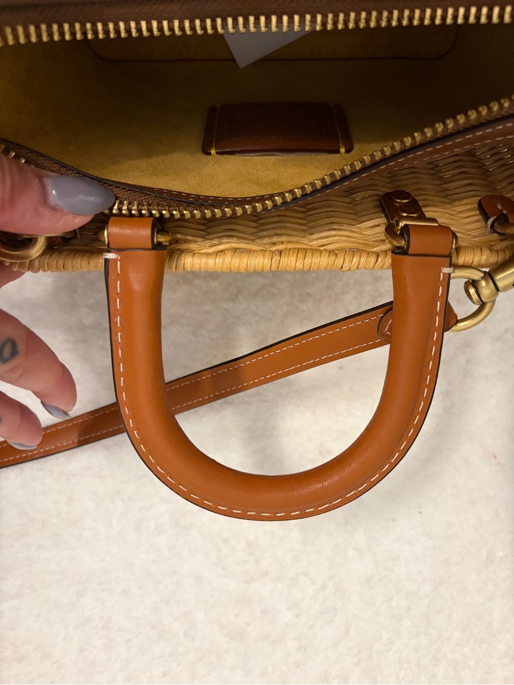 Coach Woven Rattan Tote with Brown Leather Handles and Gold Hardware - Picture 9 of 9
